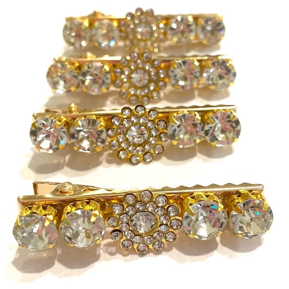 Set Of 4 Rhinestone Hair Clips Barrettes Gold Tone Flower Updos - Picture 1 of 7